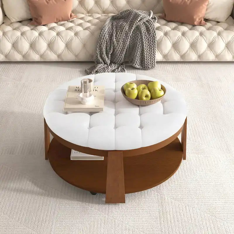 Round Ottoman Coffee Table with Storage Shelf and Wheels, 36" Diameter