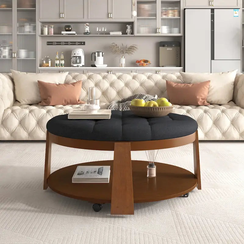 Round Ottoman Coffee Table with Storage Shelf and Wheels, 36" Diameter