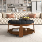 Round Ottoman Coffee Table with Storage Shelf and Wheels, 36" Diameter