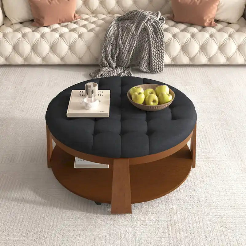Round Ottoman Coffee Table with Storage Shelf and Wheels, 36" Diameter
