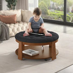 Round Ottoman Coffee Table with Storage Shelf and Wheels, 36" Diameter