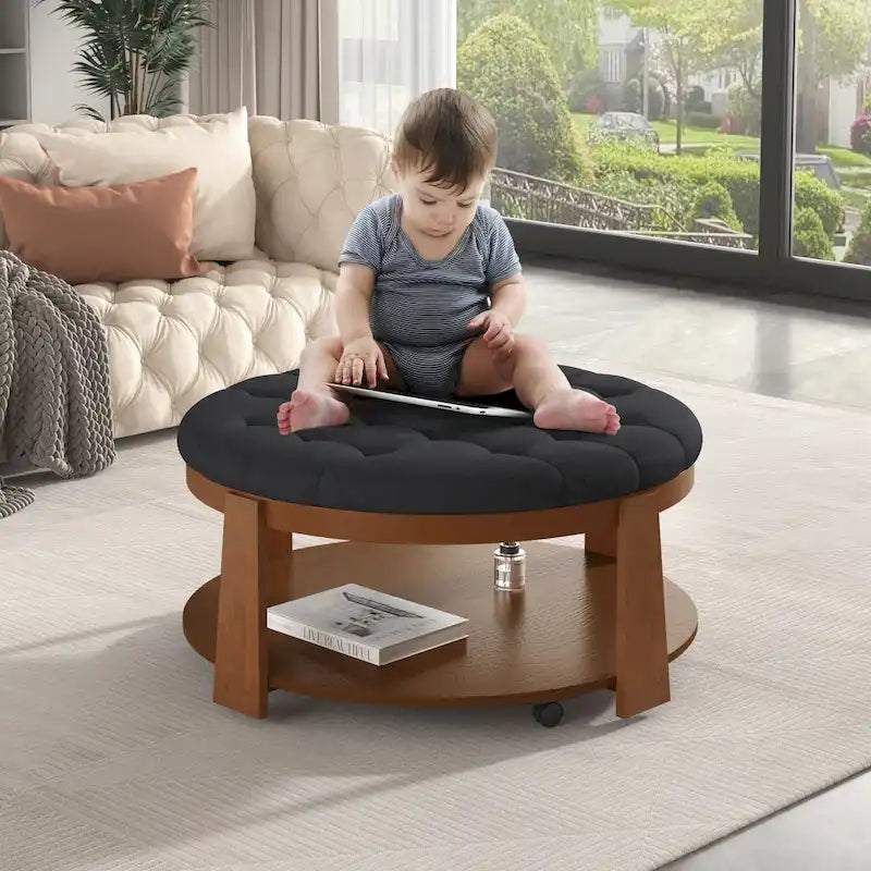 Round Ottoman Coffee Table with Storage Shelf and Wheels, 36" Diameter