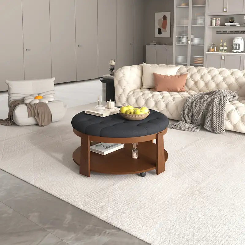 Round Ottoman Coffee Table with Storage Shelf and Wheels, 36" Diameter