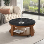 Round Ottoman Coffee Table with Storage Shelf and Wheels, 36" Diameter
