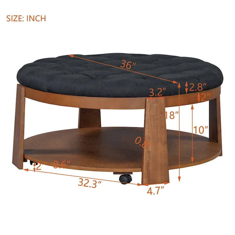 Round Ottoman Coffee Table with Storage Shelf and Wheels, 36" Diameter