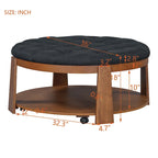 Round Ottoman Coffee Table with Storage Shelf and Wheels, 36" Diameter