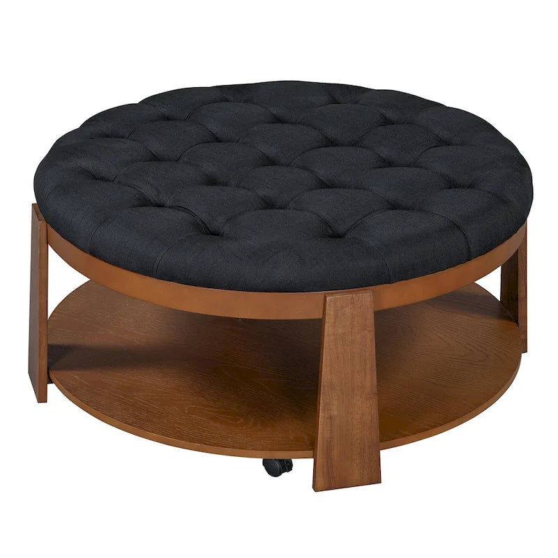 Round Ottoman Coffee Table with Storage Shelf and Wheels, 36" Diameter