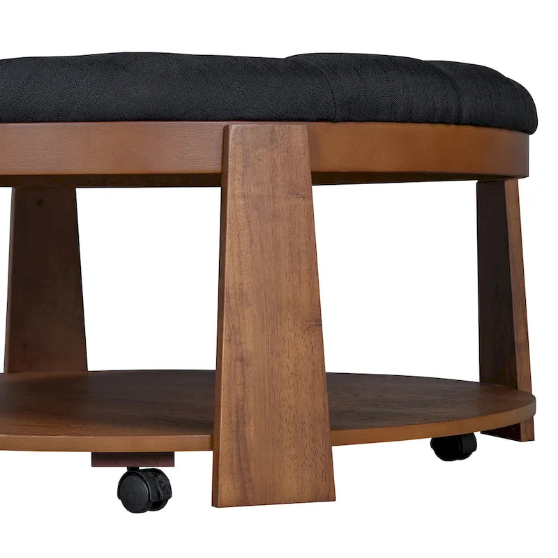 Round Ottoman Coffee Table with Storage Shelf and Wheels, 36" Diameter