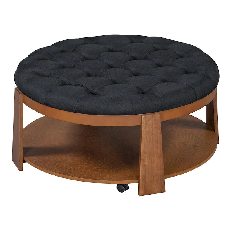 Round Ottoman Coffee Table with Storage Shelf and Wheels, 36" Diameter