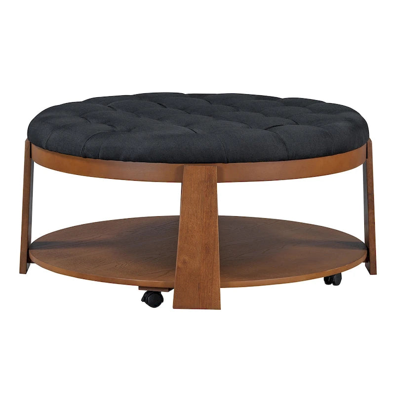 Round Ottoman Coffee Table with Storage Shelf and Wheels, 36" Diameter