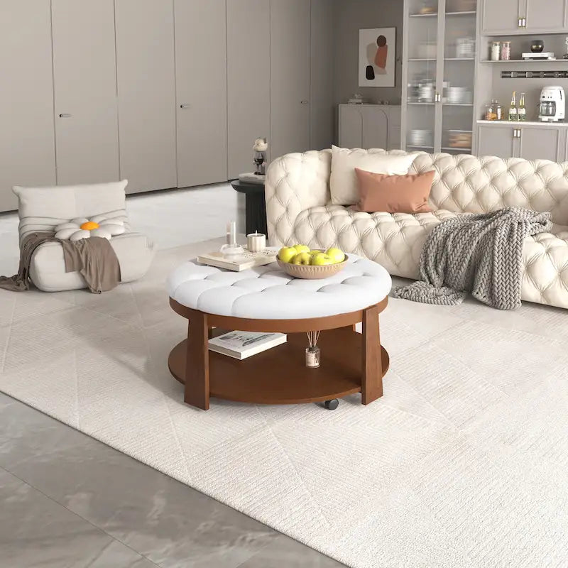 Round Ottoman Coffee Table with Storage Shelf and Wheels, 36" Diameter