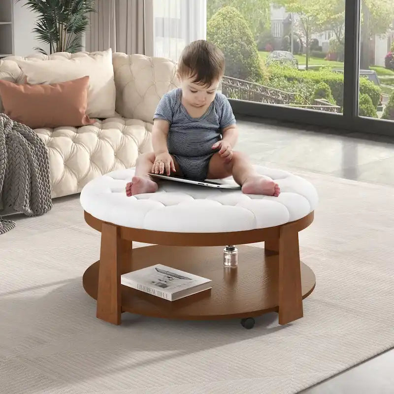Round Ottoman Coffee Table with Storage Shelf and Wheels, 36" Diameter