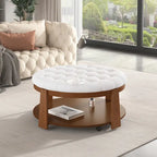 Round Ottoman Coffee Table with Storage Shelf and Wheels, 36" Diameter
