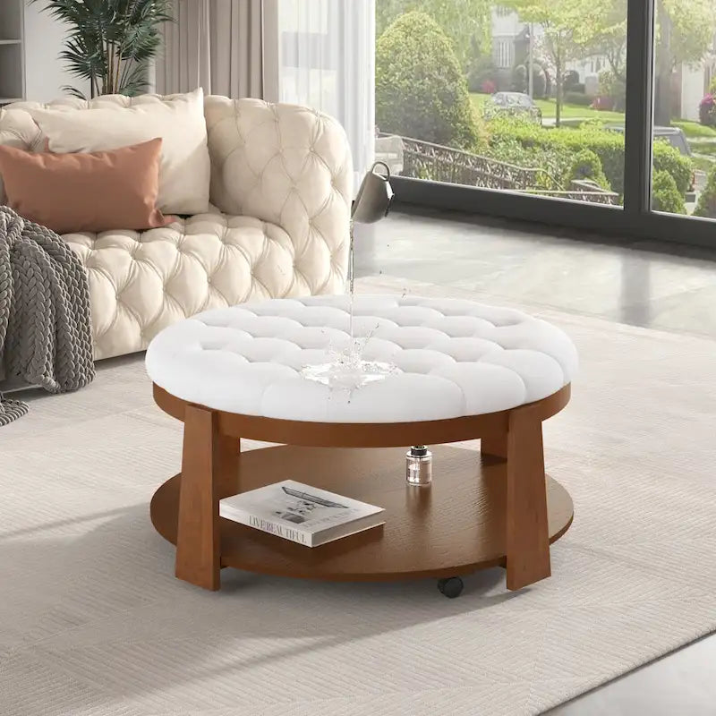 Round Ottoman Coffee Table with Storage Shelf and Wheels, 36" Diameter