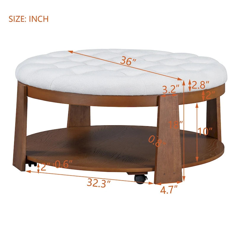 Round Ottoman Coffee Table with Storage Shelf and Wheels, 36" Diameter