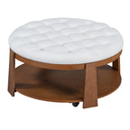 Round Ottoman Coffee Table with Storage Shelf and Wheels, 36" Diameter