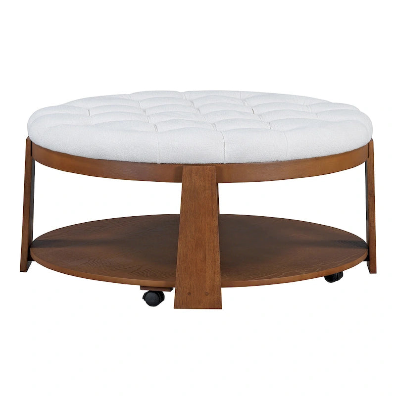 Round Ottoman Coffee Table with Storage Shelf and Wheels, 36" Diameter