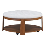 Round Ottoman Coffee Table with Storage Shelf and Wheels, 36" Diameter
