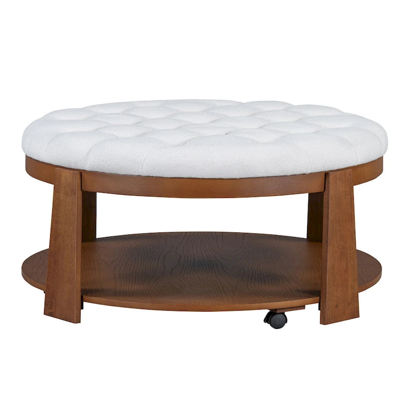 Round Ottoman Coffee Table with Storage Shelf and Wheels, 36" Diameter
