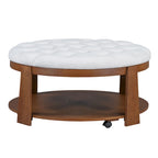 Round Ottoman Coffee Table with Storage Shelf and Wheels, 36" Diameter