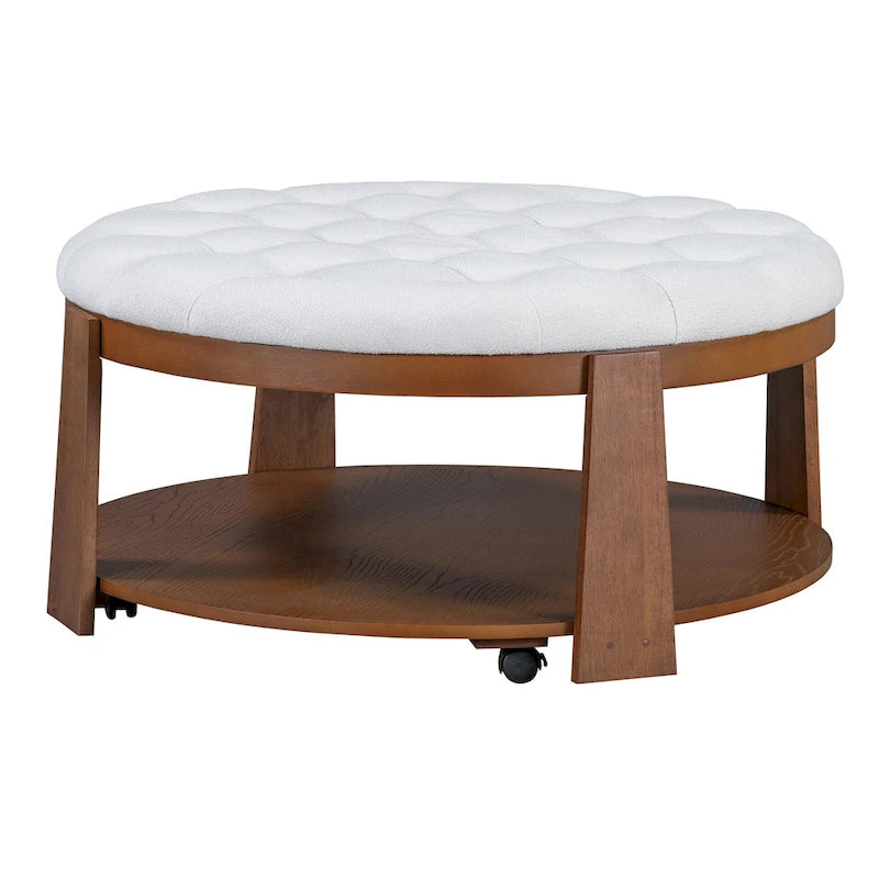 Round Ottoman Coffee Table with Storage Shelf and Wheels, 36" Diameter