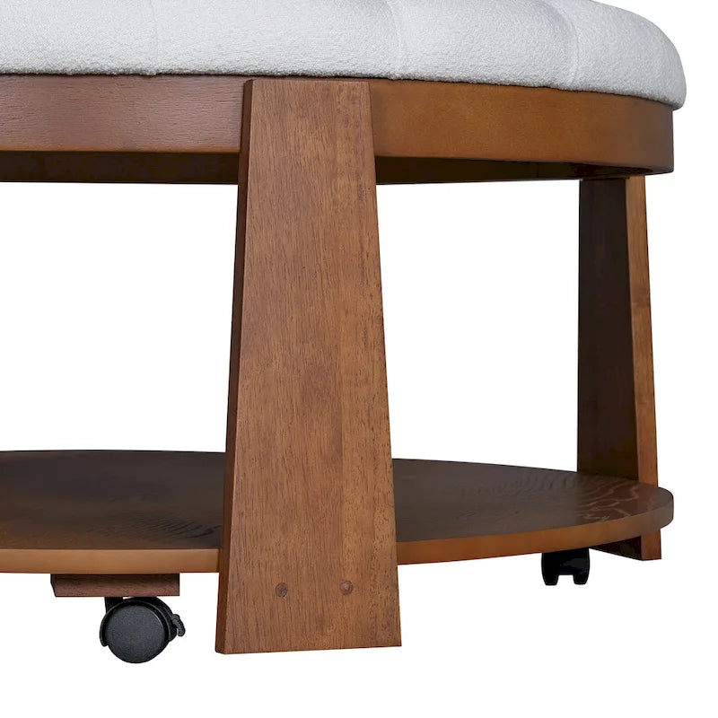 Round Ottoman Coffee Table with Storage Shelf and Wheels, 36" Diameter