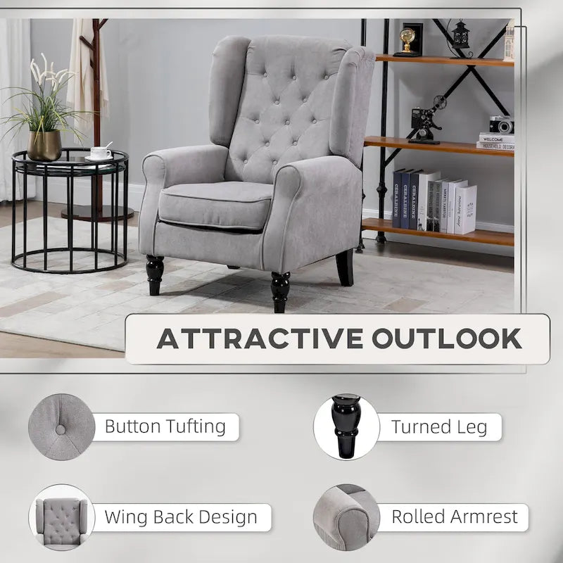 Button-Tufted Accent Chair with High Wingback and Padded Seat, Grey