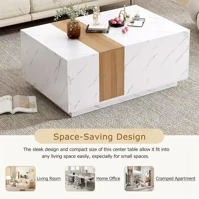 Coffee Table with 2 Drawers – Faux Marble and Wood Grain Finish
