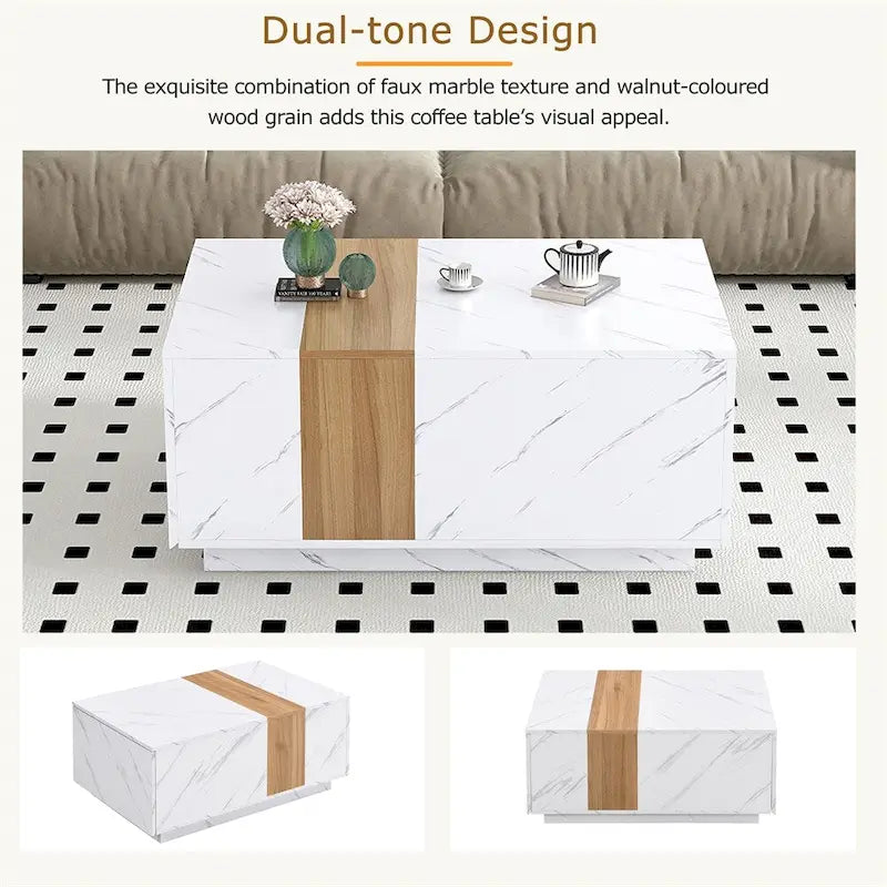 Coffee Table with 2 Drawers – Faux Marble and Wood Grain Finish