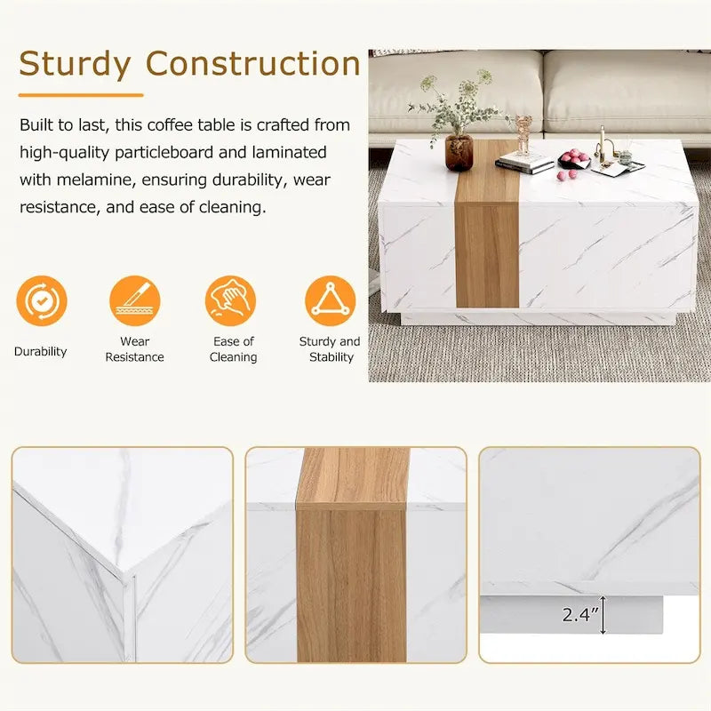 Coffee Table with 2 Drawers – Faux Marble and Wood Grain Finish