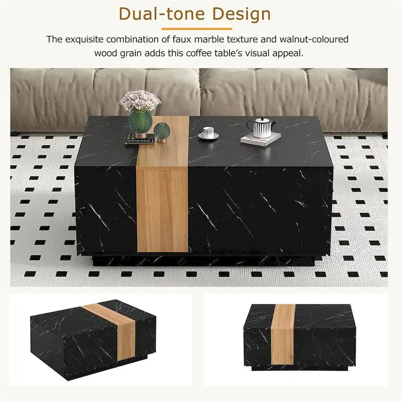 Coffee Table with 2 Drawers – Faux Marble and Wood Grain Finish
