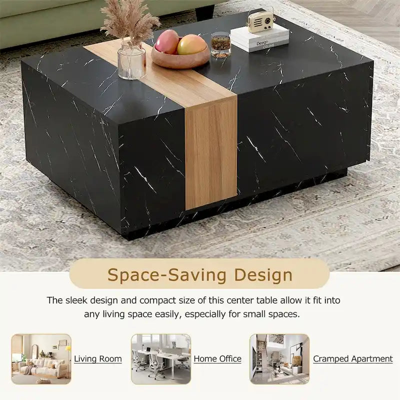 Coffee Table with 2 Drawers – Faux Marble and Wood Grain Finish