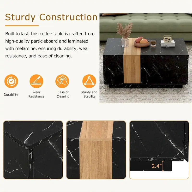 Coffee Table with 2 Drawers – Faux Marble and Wood Grain Finish