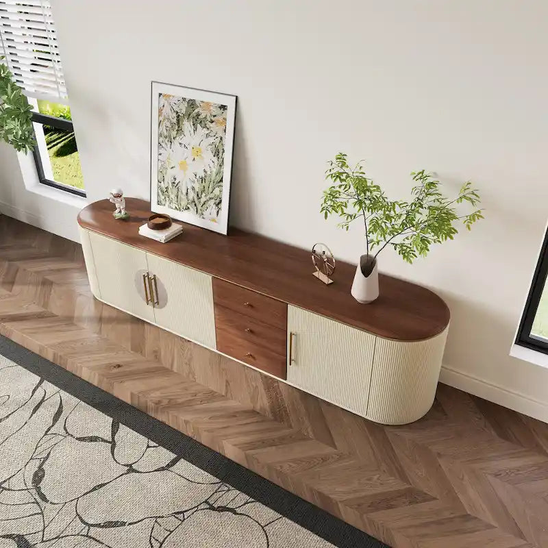 78.74-Inch TV Stand with Wood-Look Top, 5 Cabinets and 3 Drawers