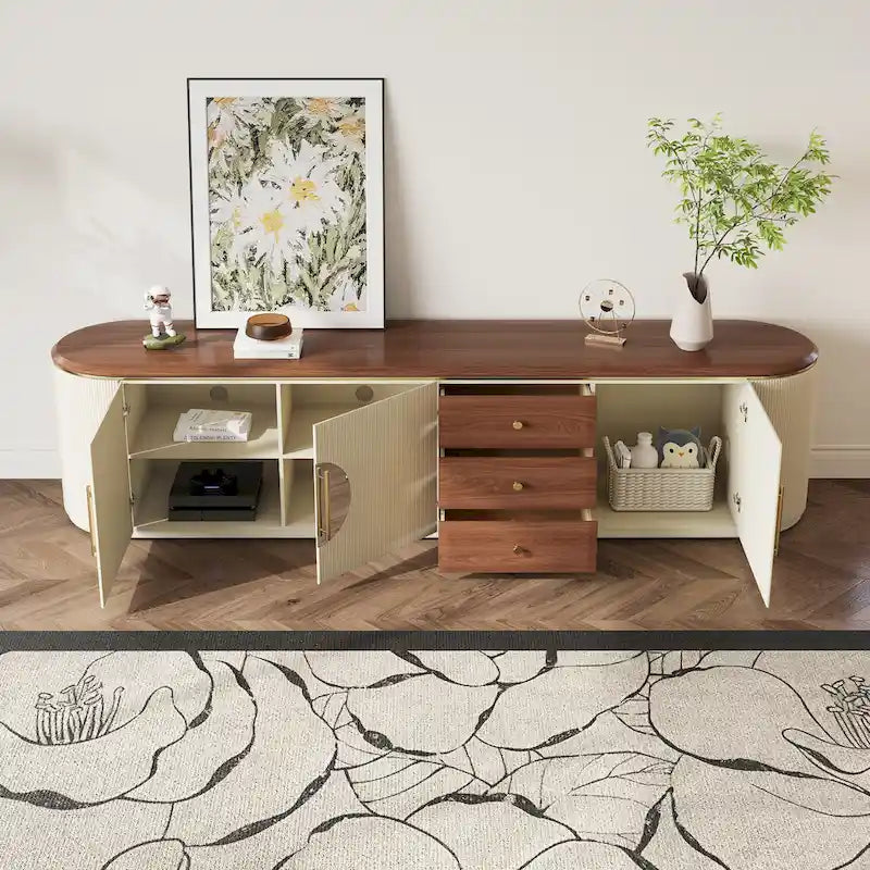 78.74-Inch TV Stand with Wood-Look Top, 5 Cabinets and 3 Drawers