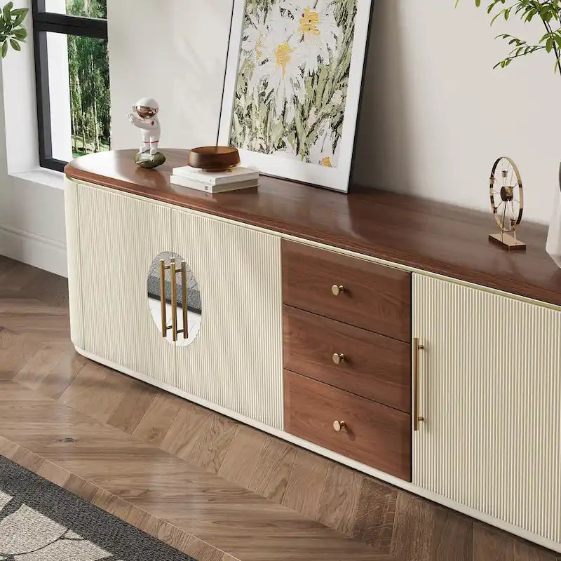 78.74-Inch TV Stand with Wood-Look Top, 5 Cabinets and 3 Drawers