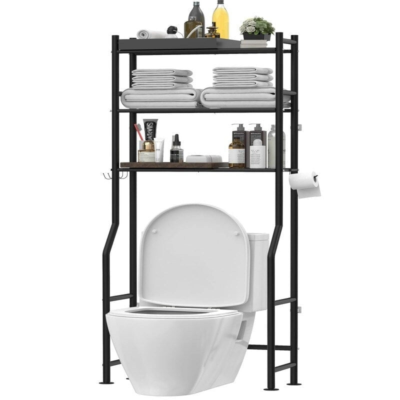 3-Tier Over-Toilet Storage Rack with 4 Hooks and Paper Holder, Carbon Steel, 26" x 8.6" x 64"