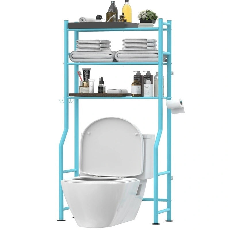 3-Tier Over-Toilet Storage Rack with 4 Hooks and Paper Holder, Carbon Steel, 26" x 8.6" x 64"