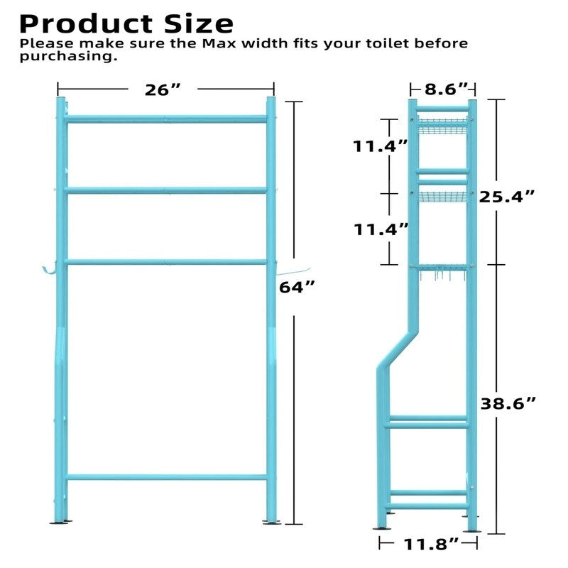 3-Tier Over-Toilet Storage Rack with 4 Hooks and Paper Holder, Carbon Steel, 26" x 8.6" x 64"