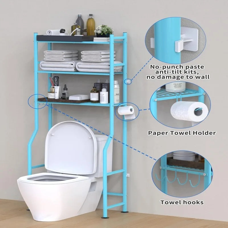 3-Tier Over-Toilet Storage Rack with 4 Hooks and Paper Holder, Carbon Steel, 26" x 8.6" x 64"