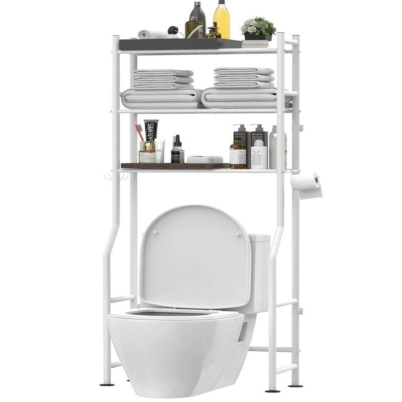 3-Tier Over-Toilet Storage Rack with 4 Hooks and Paper Holder, Carbon Steel, 26" x 8.6" x 64"