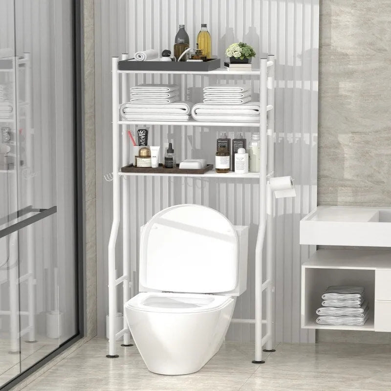 3-Tier Over-Toilet Storage Rack with 4 Hooks and Paper Holder, Carbon Steel, 26" x 8.6" x 64"