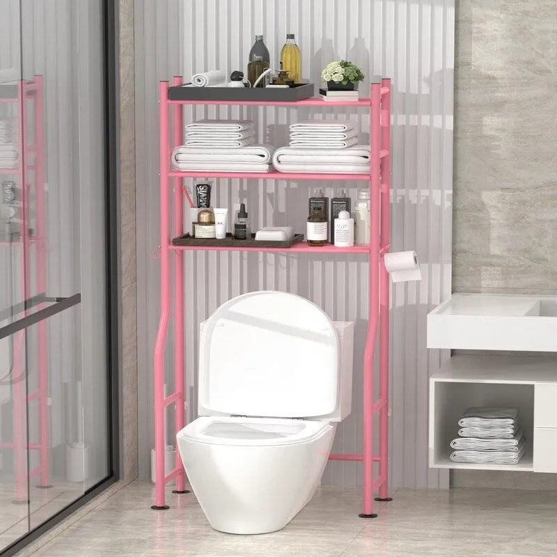 3-Tier Over-Toilet Storage Rack with 4 Hooks and Paper Holder, Carbon Steel, 26" x 8.6" x 64"