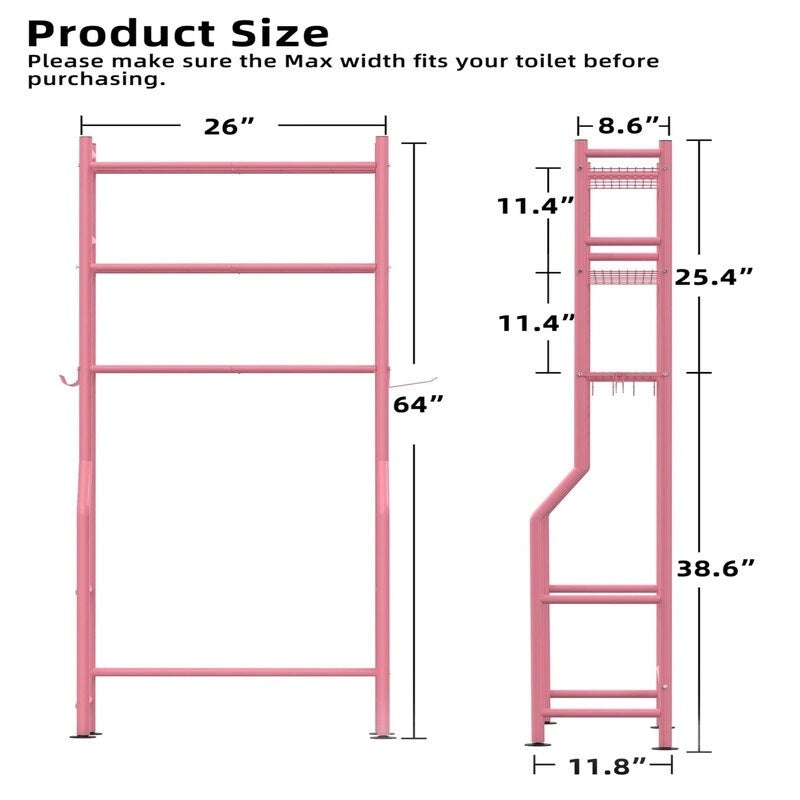3-Tier Over-Toilet Storage Rack with 4 Hooks and Paper Holder, Carbon Steel, 26" x 8.6" x 64"