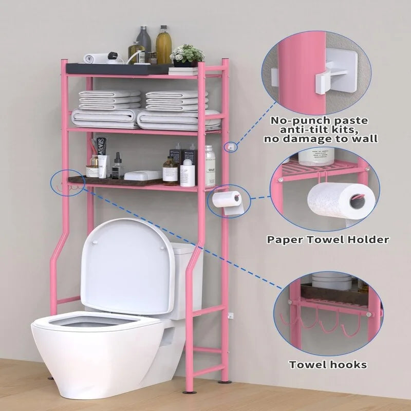 3-Tier Over-Toilet Storage Rack with 4 Hooks and Paper Holder, Carbon Steel, 26" x 8.6" x 64"
