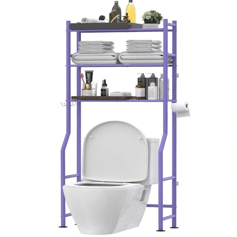 3-Tier Over-Toilet Storage Rack with 4 Hooks and Paper Holder, Carbon Steel, 26" x 8.6" x 64"
