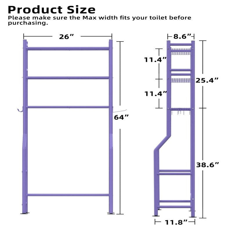 3-Tier Over-Toilet Storage Rack with 4 Hooks and Paper Holder, Carbon Steel, 26" x 8.6" x 64"