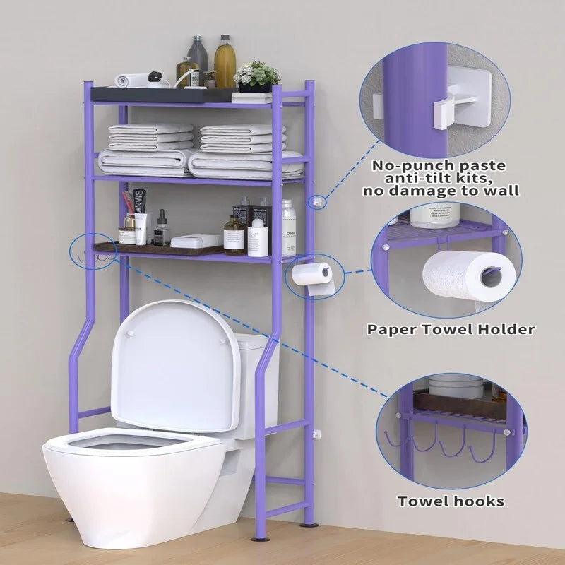3-Tier Over-Toilet Storage Rack with 4 Hooks and Paper Holder, Carbon Steel, 26" x 8.6" x 64"