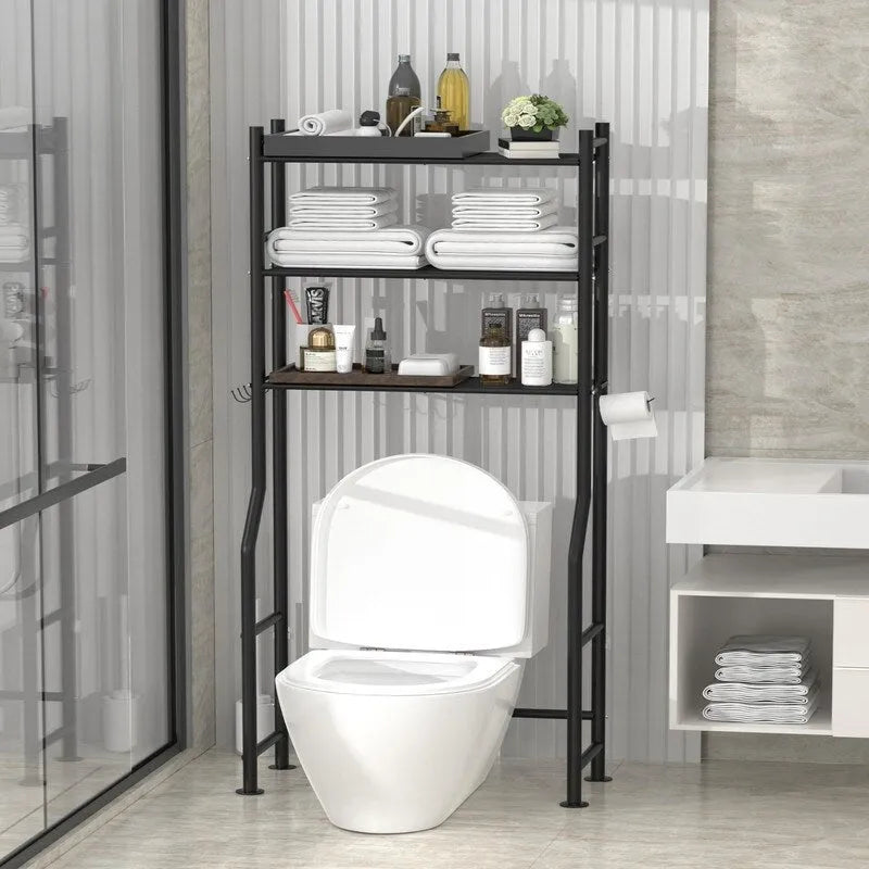 3-Tier Over-Toilet Storage Rack with 4 Hooks and Paper Holder, Carbon Steel, 26" x 8.6" x 64"