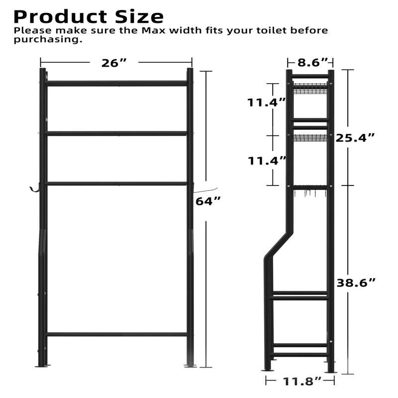 3-Tier Over-Toilet Storage Rack with 4 Hooks and Paper Holder, Carbon Steel, 26" x 8.6" x 64"